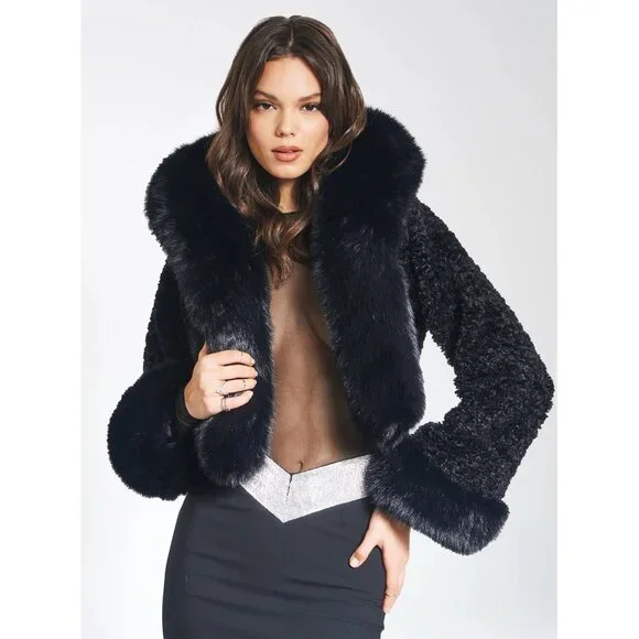 💋CHIC & SEXY💋Lux Black Vegan Shearling Lamb & Fox Fur Hoodded Crop Jacket - Picture 5 of 16